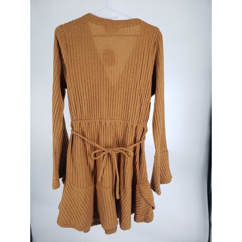 Loveriche Dress Size Medium Mustard Yellow Bell Sleeve V-Neck Wrap Tie Waist - Picture 3 of 9